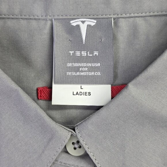 Tesla Shirt Womens L Gray Button Down 3/4 Sleeve Embroidered Logo Stretch Moto - Picture 4 of 13